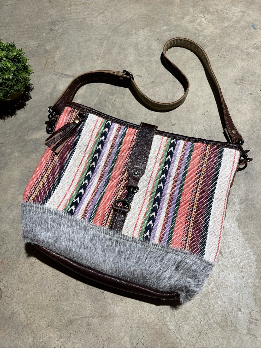 Myra Bag Shoulder Tote Purse Striped Canvas Leather Calf Hair Western Festival
